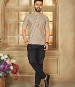 Beige color men's woven cotton short kurta