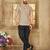 Beige color men's woven cotton short kurta