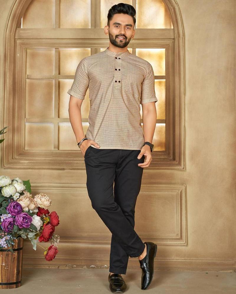 Beige color men's woven cotton short kurta