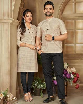 Beige color men's woven cotton short kurta 2