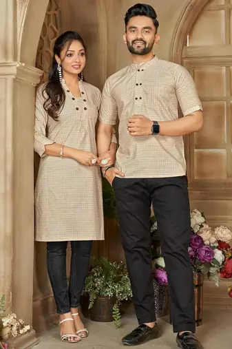 Beige color men's woven cotton short kurta