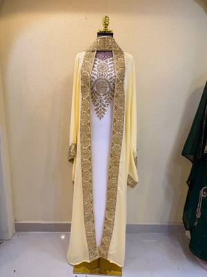Elegant White & Gold Embroidered Traditional Kaftan Luxury Moroccan Arabian Style Stitched Dress 1