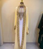 Elegant White & Gold Embroidered Traditional Kaftan Luxury Moroccan Arabian Style Stitched Dress