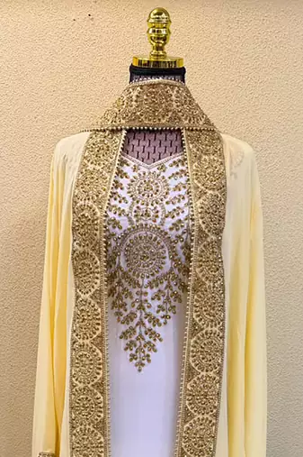 Elegant White & Gold Embroidered Traditional Kaftan Luxury Moroccan Arabian Style Stitched Dress