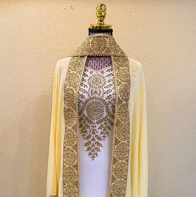 Elegant White & Gold Embroidered Traditional Kaftan Luxury Moroccan Arabian Style Stitched Dress