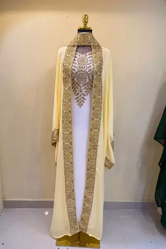 Elegant White & Gold Embroidered Traditional Kaftan Luxury Moroccan Arabian Style Stitched Dress