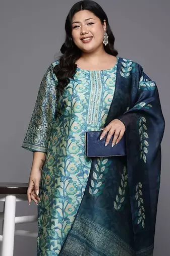 Plus Size Floral Printed Sequinned Kurta with Trousers & Dupatta