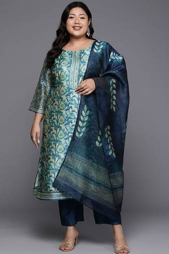 Plus Size Floral Printed Sequinned Kurta with Trousers & Dupatta