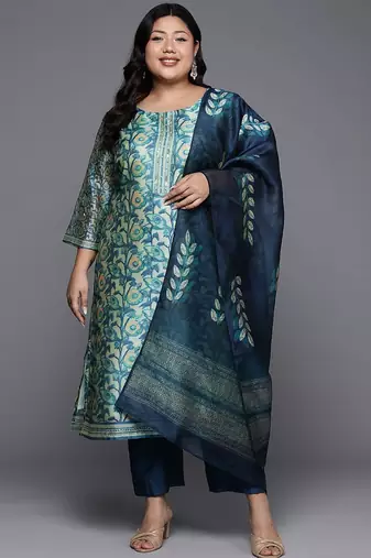 Plus Size Floral Printed Sequinned Kurta with Trousers & Dupatta