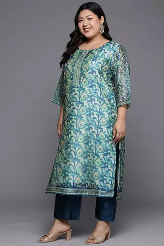 Plus Size Floral Printed Sequinned Kurta with Trousers & Dupatta