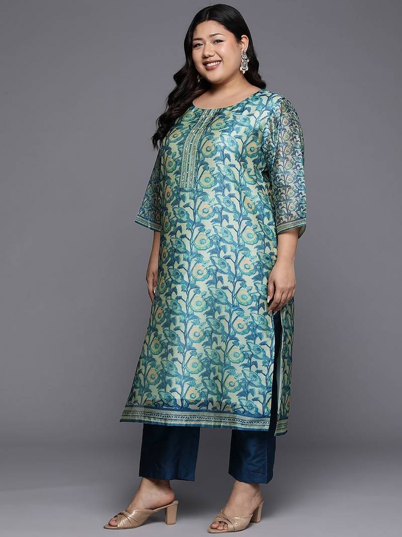 Plus Size Floral Printed Sequinned Kurta with Trousers & Dupatta