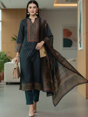 Women Ethnic Motifs Printed Regular Chanderi Silk Kurta with Trousers & With Dupatta 4