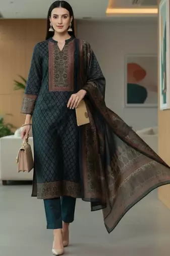 Women Ethnic Motifs Printed Regular Chanderi Silk Kurta with Trousers & With Dupatta