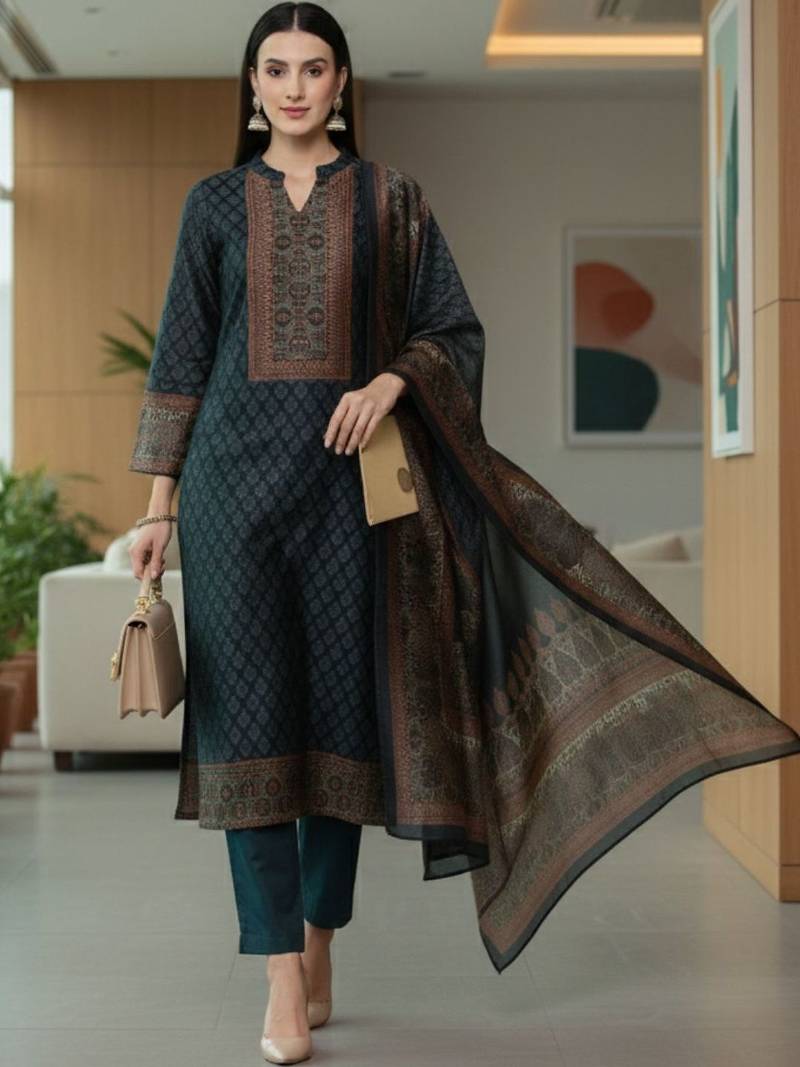 Women Ethnic Motifs Printed Regular Chanderi Silk Kurta with Trousers & With Dupatta