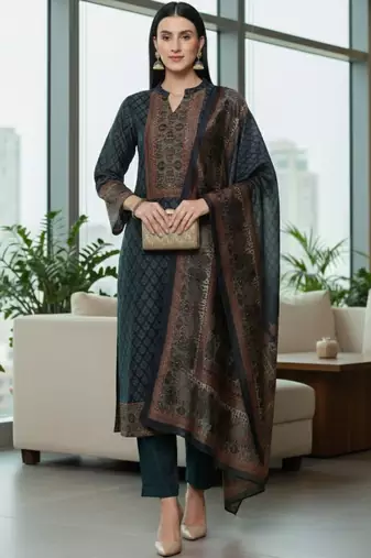 Women Ethnic Motifs Printed Regular Chanderi Silk Kurta with Trousers & With Dupatta