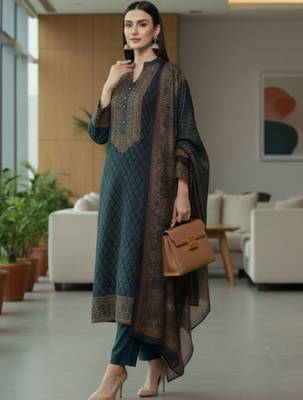 Women Ethnic Motifs Printed Regular Chanderi Silk Kurta with Trousers & With Dupatta 7