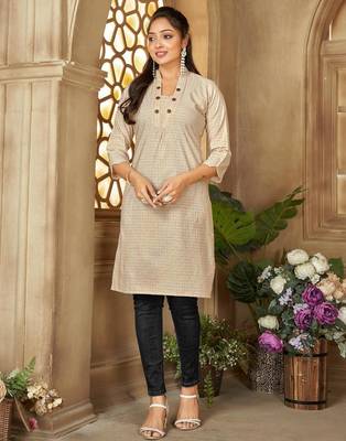 Beige color women's cotton woven work long kurti 1