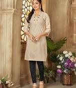 Beige color women's cotton woven work long kurti