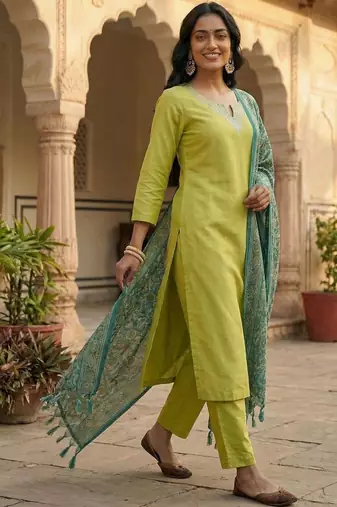 Women Regular Kurta with Trousers & With Dupatta