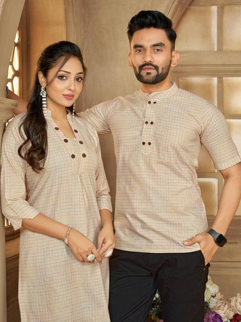 Beige color women's cotton woven work long kurti