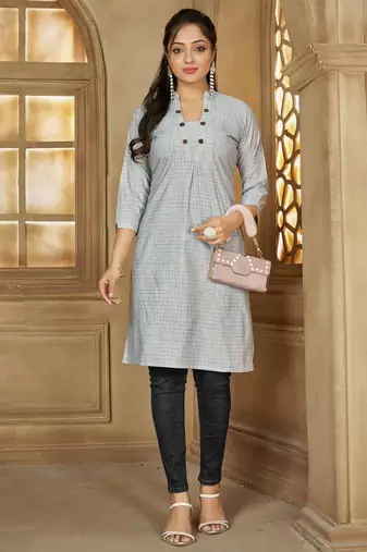 Blue color women's cotton woven work long kurti