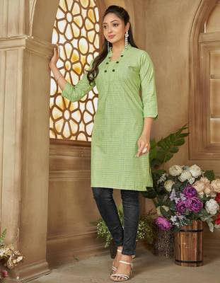 Green color women's cotton woven work long kurti 1