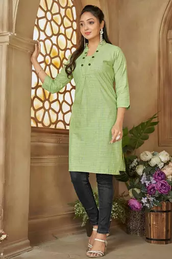 Green color women's cotton woven work long kurti