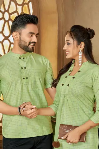 Green color women's cotton woven work long kurti
