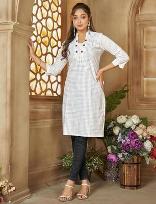 White color women's cotton woven work long kurti 1