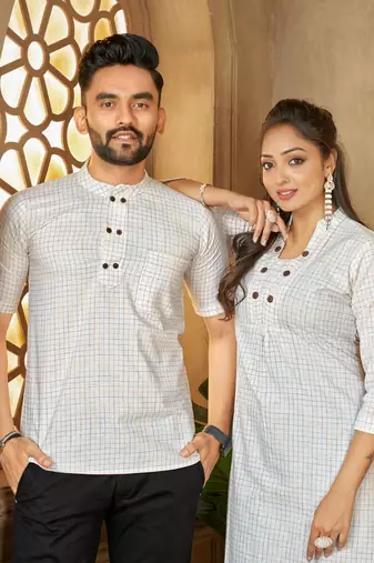 White color women's cotton woven work long kurti
