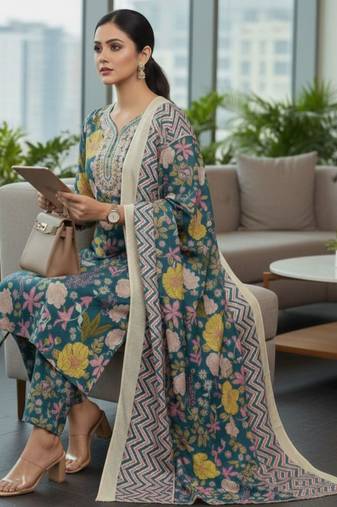 Women Floral Printed Regular Kurta with Trousers & With Dupatta
