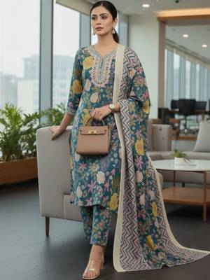 Women Floral Printed Regular Kurta with Trousers & With Dupatta 2