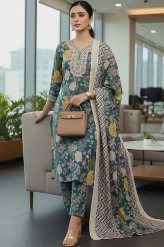 Women Floral Printed Regular Kurta with Trousers & With Dupatta