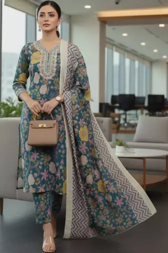 Women Floral Printed Regular Kurta with Trousers & With Dupatta