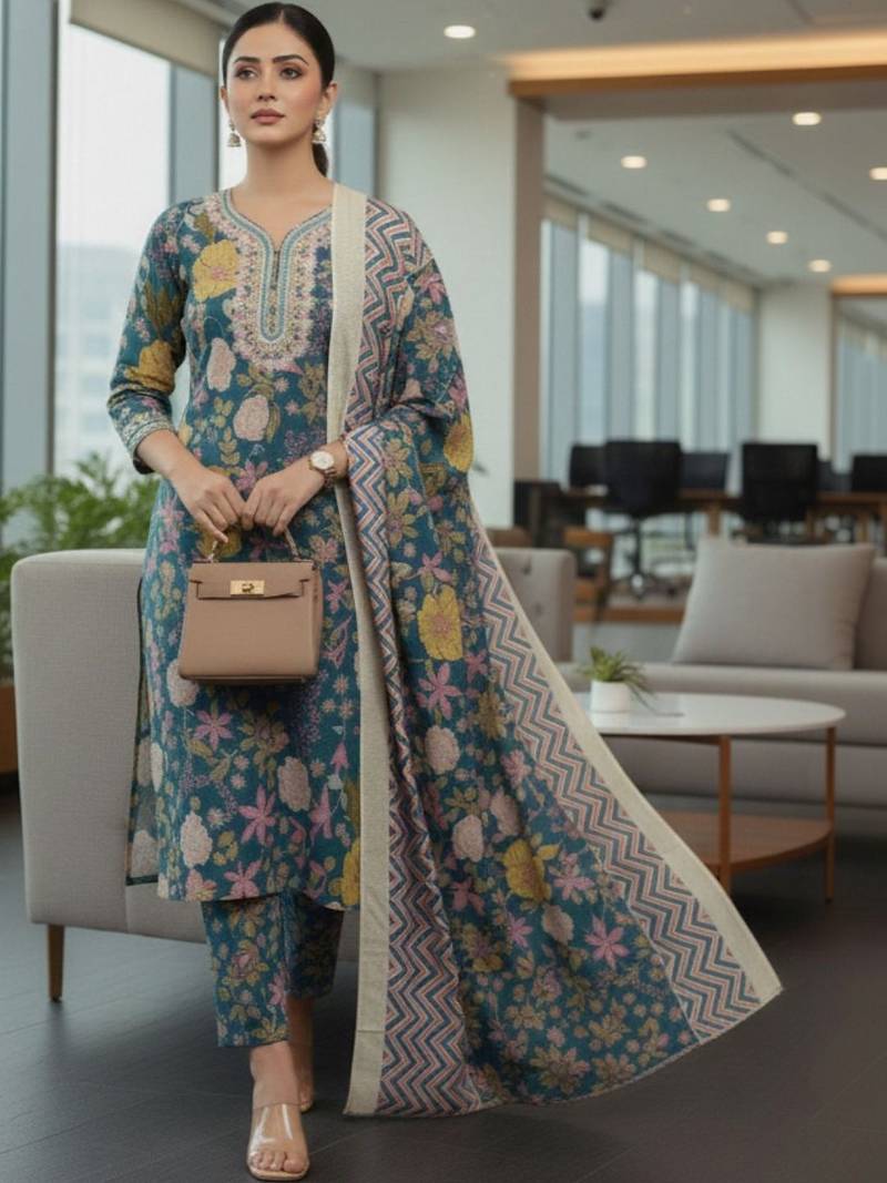 Women Floral Printed Regular Kurta with Trousers & With Dupatta