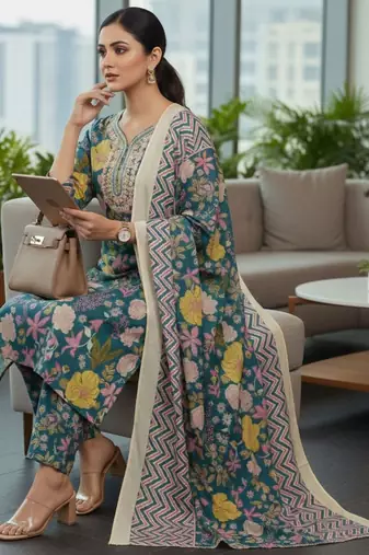 Women Floral Printed Regular Kurta with Trousers & With Dupatta