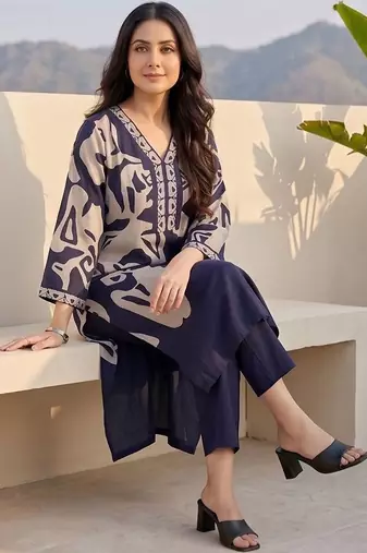Women Printed Regular Thread Work Chanderi Silk Kurta with Trousers