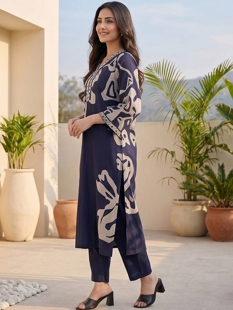 Women Printed Regular Thread Work Chanderi Silk Kurta with Trousers