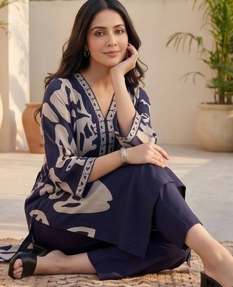 Women Printed Regular Thread Work Chanderi Silk Kurta with Trousers