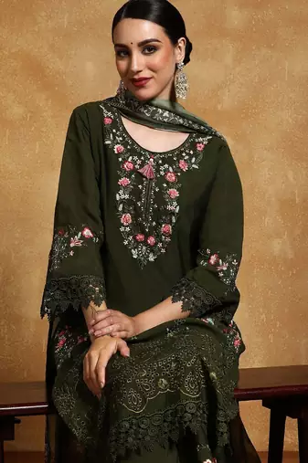 Women Floral Yoke Design Regular Thread Work Pure Cotton Kurta with Palazzos & With Dupatta