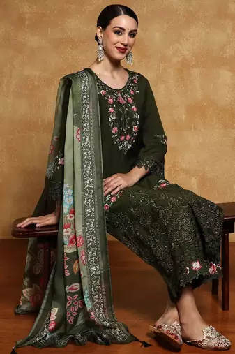 Women Floral Yoke Design Regular Thread Work Pure Cotton Kurta with Palazzos & With Dupatta