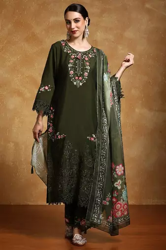 Women Floral Yoke Design Regular Thread Work Pure Cotton Kurta with Palazzos & With Dupatta