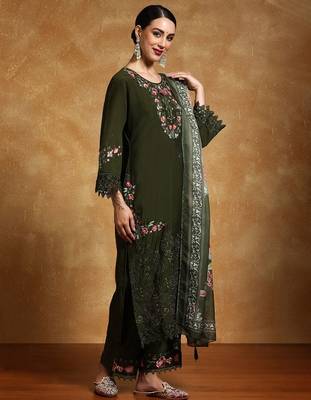 Women Floral Yoke Design Regular Thread Work Pure Cotton Kurta with Palazzos & With Dupatta 4
