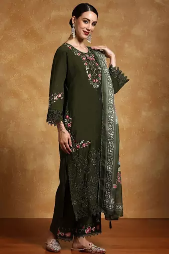 Women Floral Yoke Design Regular Thread Work Pure Cotton Kurta with Palazzos & With Dupatta