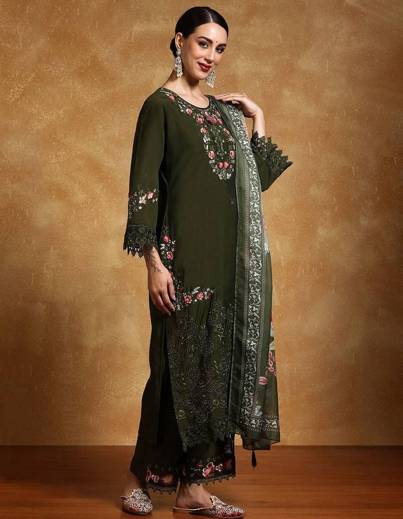 Women Floral Yoke Design Regular Thread Work Pure Cotton Kurta with Palazzos & With Dupatta