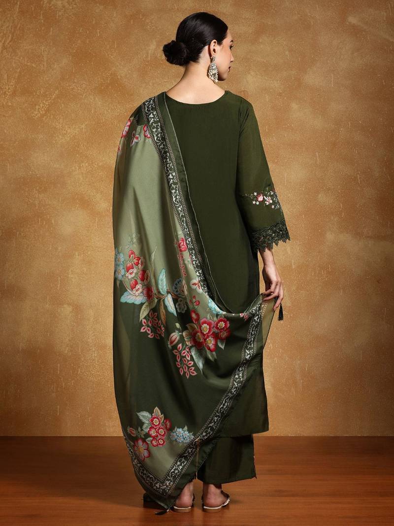 Women Floral Yoke Design Regular Thread Work Pure Cotton Kurta with Palazzos & With Dupatta