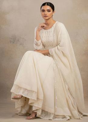 Women Ethnic Motifs Embroidered Tiered Sequinned Pure Cotton Kurta with Pyjamas & With Dupatta 7