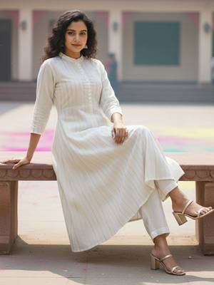 Women Striped Panelled Kurta with Trousers 1