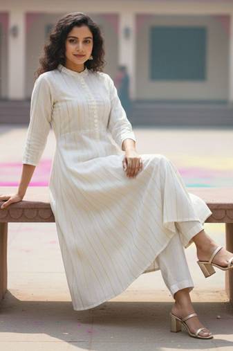 Women Striped Panelled Kurta with Trousers