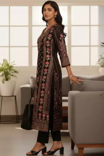 Women Ethnic Motifs Printed Regular Chanderi Silk Kurta with Trousers